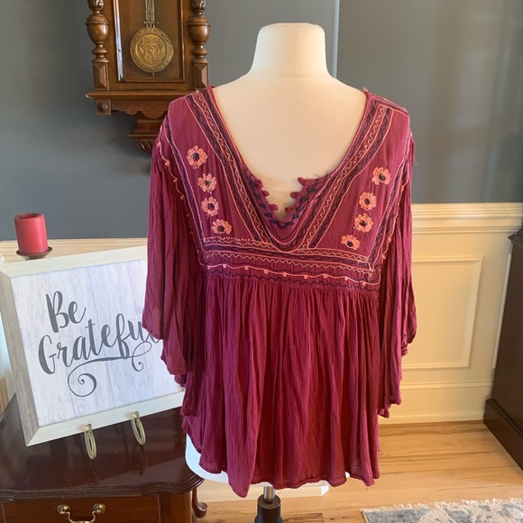 Japna Flowy Top Hippie Boho Shirt Maroon Embroidered Womens M Batwing Dohlman - Picture 1 of 14